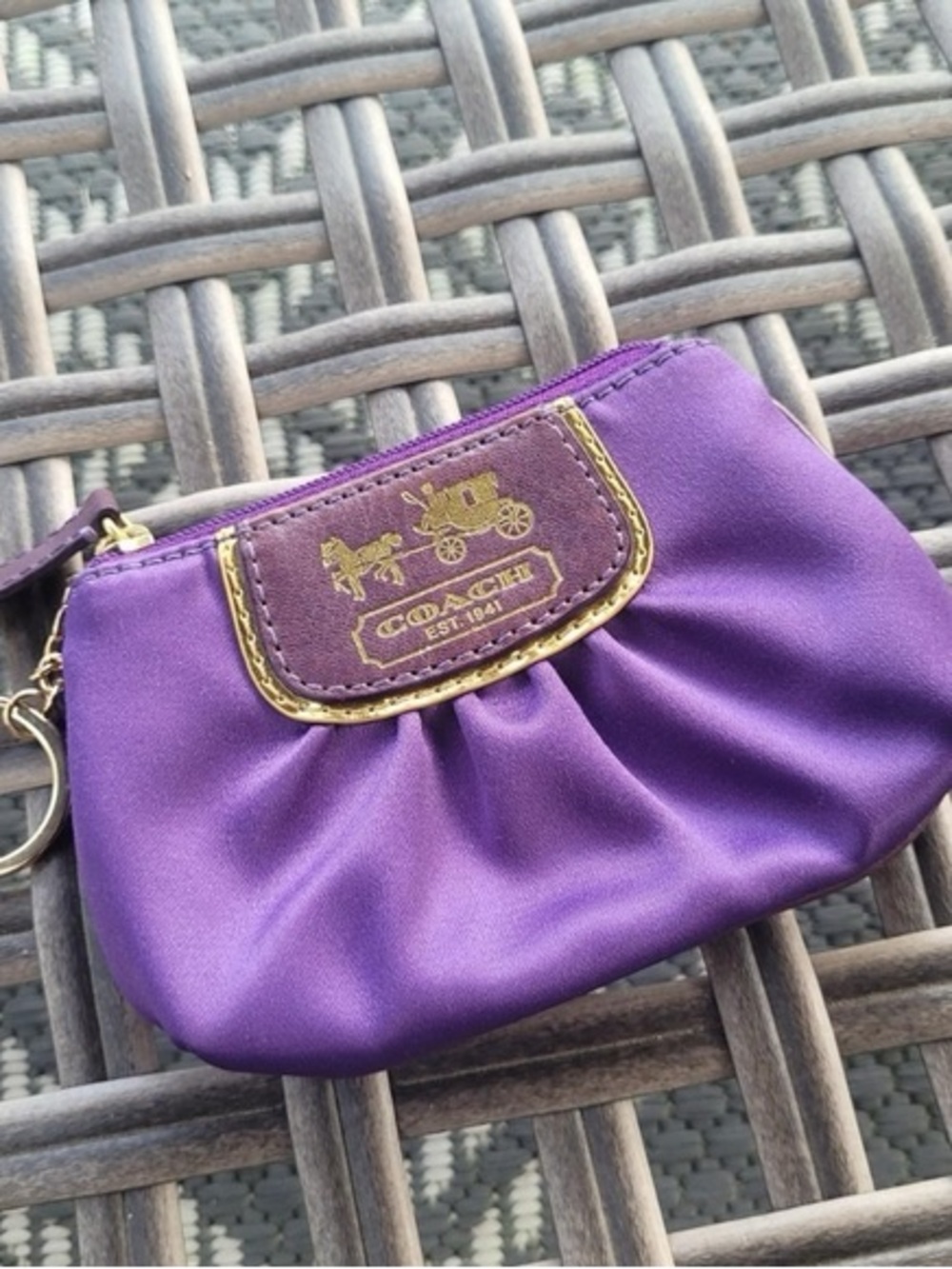 Coach Purple Satin Coin Pouch with Gold Logo Trim